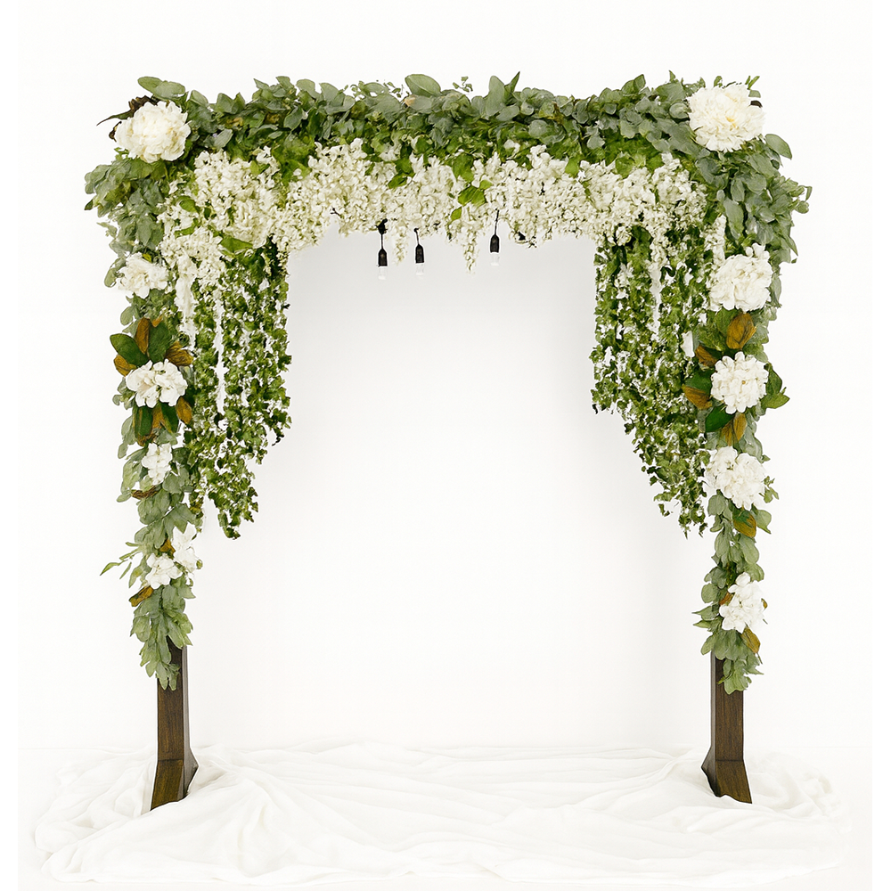 Wooden Arch with White Wisteria and Edison Lights